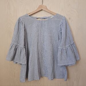 Altar'd State Linen Blue Striped Bell Sleeve Blouse